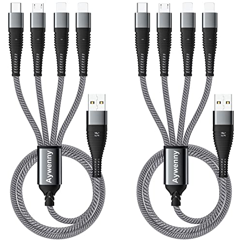 Multi Charging Cable Nylon Braided Universal 4 in 1 Multiple USB Cable 3A,with Dual Phone/USB-C/Micro-USB Port Adapter,for Cell Phones/Tablets/Samsung Galaxy/Huawei/PS & More[ 2Pack 4FT]