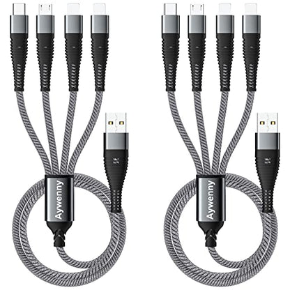 Multi Charging Cable Nylon Braided Universal 4 in 1 Multiple USB Cable 3A,with Dual Phone/USB-C/Micro-USB Port Adapter,for Cell Phones/Tablets/Samsung Galaxy/Huawei/PS & More[ 2Pack 4FT]