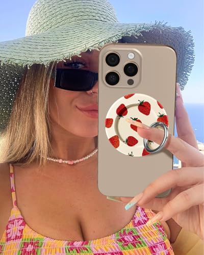 Toycamp Magnetic Phone Grip - Compatible with MagSafe Phone Grip Ring Stand for iPhone 17/16/15/14/13/12 Series Watercolor Strawberry Cute Phone Ring Holder Grip for Women Girls Girly - color: Strawberry