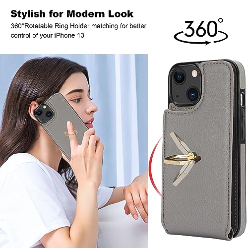 Folosu Compatible with iPhone 13 Case Wallet with Card Holder, 360°Rotation Finger Ring Holder Kickstand Protective RFID Blocking PU Leather Double Buttons Flip Shockproof Cover 6.1 Inch Gray - color: Gray