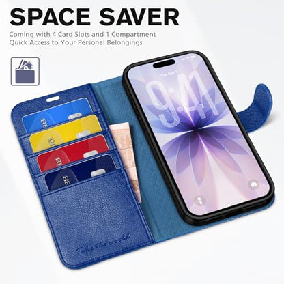 TUCCH Wallet Case for iPhone 17 (6.3") 2025, Flip Stand, Klein Blue | RFID Blocking, 4 Card Holders, Kickstand, PU Leather, Shockproof TPU Shell, Magnetic Closure, Protective Folio Cover - color: Textured Klein Blue