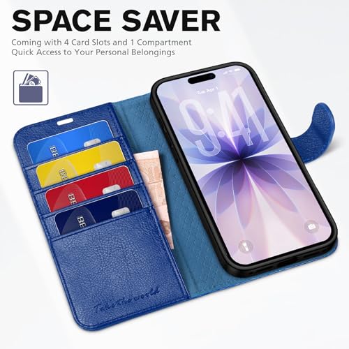 TUCCH Wallet Case for iPhone 17 (6.3") 2025, Flip Stand, Klein Blue | RFID Blocking, 4 Card Holders, Kickstand, PU Leather, Shockproof TPU Shell, Magnetic Closure, Protective Folio Cover - color: Textured Klein Blue