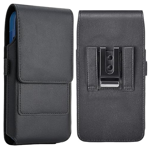 Mopaclle Vertical Cell Phone Holster with Belt Clip and Loop,Rugged Phone Belt Holder Compatible with iPhone 17 Pro iPhone 16, 15, 14 Pro, Galaxy S25, S24, S23 – Fits with Case On - color: 01 Leather- Black, size: M (6.29 x 2.9x 0.5 in)