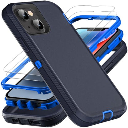 YKHJKLEC Military Grade 3 in 1 Heavy Duty Case for iPhone 13/14 - Shockproof, Drop Proof, Dust Proof With 2Pcs Tempered Glass Screen Protector (Navy Blue) - color: Navy Blue