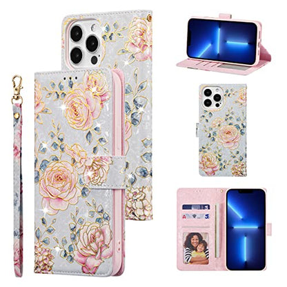 UEEBAI Wallet Case for iPhone 13 Pro, PU Leather Phone Cover Kickstand RFID Blocking Flip Case Card Slots Wrist Strap Relief Engraved Pattern Magnetic Closure Flower Folio Wallet, Purple Rose - color: Purple Rose, size: iPhone 13 Pro