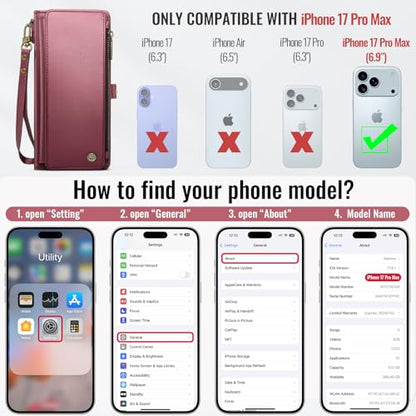 Defencase for iPhone 17 Pro Max Wallet Case with RFID Card Holder, Wine Red | Durable Soft PU Leather, with Zipper Pocket, Wrist Strap, Fashion Snap Flip Phone Cases Cover with Stand for Women and Men - color: Wine Red