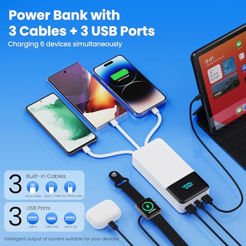 Portable Charger 50800mAh Power Bank with 3 Built in Cables,25W PD QC4.0 Fast Charging USB C Battery Pack,6 Outputs 2 Inputs Travel Essentials Phone Charger for iPhone 18/17/16/15/Pro,Android,White - color: White