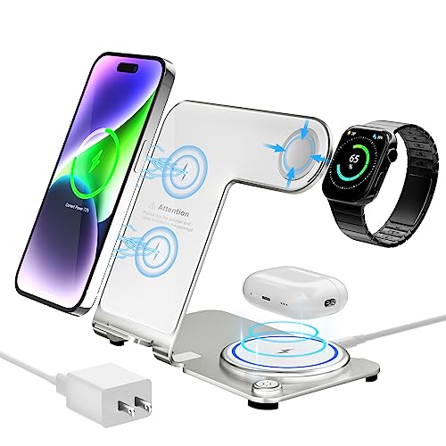 Wireless Charger, Aluminum Alloy 3 in 1 Wireless Charging Station for Apple iPhone/iWatch/Airpods,iPhone15 14,13,12,11 (Pro, ProMax)/XS/XR/XS/X/8(Plus),iWatch8/7/6/SE/5/4/3/2,AirPods 3/2/pro
