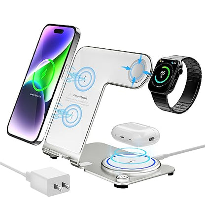 Wireless Charger, Aluminum Alloy 3 in 1 Wireless Charging Station for Apple iPhone/iWatch/Airpods,iPhone15 14,13,12,11 (Pro, ProMax)/XS/XR/XS/X/8(Plus),iWatch8/7/6/SE/5/4/3/2,AirPods 3/2/pro