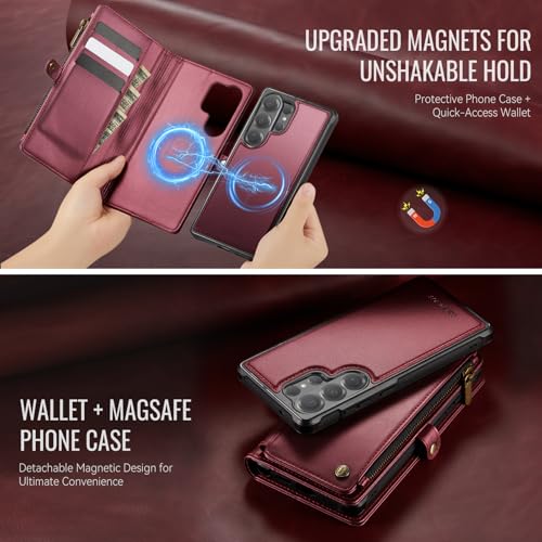 Defencase for Galaxy S26 Ultra Case Wallet Compatible with Magsafe, WineRed | Magnetic Detachable, RFID Bolcking Card Holder, Zipper Strap, PU Leather Drop-Proof Phone Cover for Samsung Galaxy S26 Ultra - color: (Detachable with Magsafe)-Wine Red