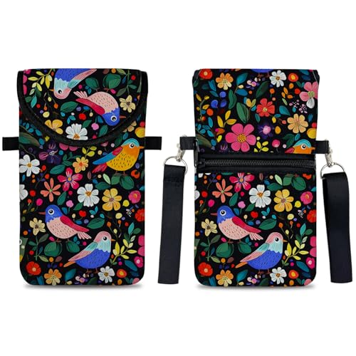 Neoprene Cell Phone Sleeve Pouch Case Bag with Crossbody Strap Neck Lanyard for Women 7.5 X 4.3 in Flower Bird - color: Flower Bird 1