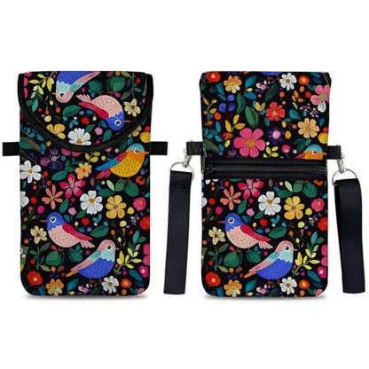 Neoprene Cell Phone Sleeve Pouch Case Bag with Crossbody Strap Neck Lanyard for Women 7.5 X 4.3 in Flower Bird - color: Flower Bird 1