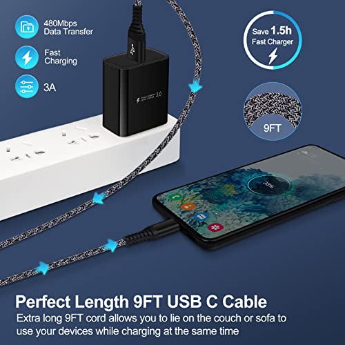 Quick Wall Charger Block 3A Android Phone Brick,9FT Fast Charging USB Type