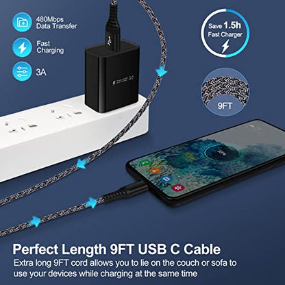 Quick Wall Charger Block 3A Android Phone Brick,9FT Fast Charging USB Type