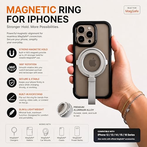 Magnetic Phone Grip Holder for MagSafe, 360° Rotating Ring Stand Kickstand with Silicone Finger Strap, Strong Magnetic Phone Holder for iPhone 17/16/15/14/13/12 & Android (Silver White) - color: Silver White