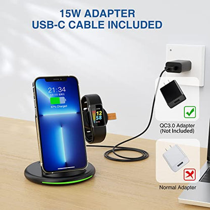 3 in 1 Wireless Charger for Fitbit Charge 6/5/Fitbit Luxe,Wireless Charging Station Compatible for iPhone 14/12 Pro Max/13/11/8, for Samsung Galaxy S22+ S22, for AirPods Pro/3 (Black)