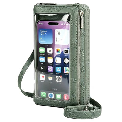 GOIACII Phone Purse Crossbody Bags for Women Small Travel Wallet Touch Screen RFID Blocking - color: A11 Green Pattern