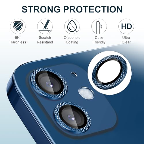 Camera Lens Protector Compatible for iPhone 12/12 Mini/11 Camera Cover Tempered Glass,HD Anti-Scratch Full Cover Metal Ring Ultra Thin/Clear - Shiny Blue