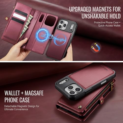 Defencase for iPhone 17 Pro Max Case Wallet Compatible with Magsafe, W-Red | Drop-Proof Magnetic Detachable Phone Cases Cover, with RFID Bolcking Card Holder, Zipper Strap, PU Leather, Removable Wallet - color: (Detachable with Magsafe)-Wine Red