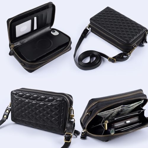 Harryshell Compatible with iPhone 16e / 17e Case Wallet Multi Zipper Detachable Removable Cover Purse with RFID Blocking Card Slots Holder Mirror Crossbody Strap (Compatible with Magsafe - Black) - color: Compatible with Magsafe - Black, size: iPhone 16e