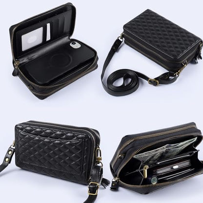Harryshell Compatible with iPhone 16e / 17e Case Wallet Multi Zipper Detachable Removable Cover Purse with RFID Blocking Card Slots Holder Mirror Crossbody Strap (Compatible with Magsafe - Black) - color: Compatible with Magsafe - Black, size: iPhone 16e