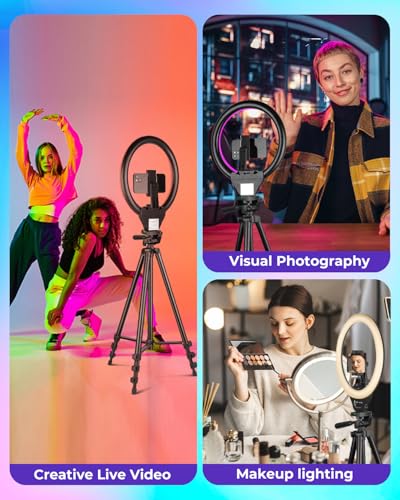 SENSYNE 10‘’ Ring Light with Stand, 50" Phone Tripod with Wireless Remote - size: 12-inch RGB Ring Light
