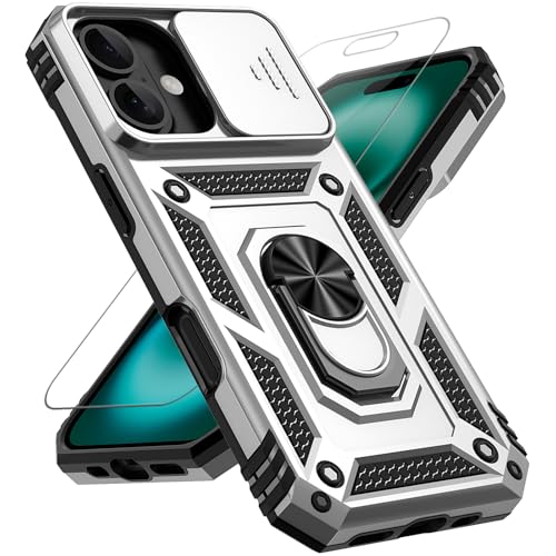 for iPhone 17 Case, with Slide Camera Cover HD Screen Protector [Military Grade 16ft. Drop Tested] Ring Holder Kickstand Protective Phone Case for Apple iPhone 17, Silver - color: Silver w/ Slide Camera 2nd gen. Military Grade