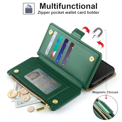 Antsturdy for iPhone 17 Pro Max Phone Wallet Case Women,Green | RFID Blocking,with Credit Card Holder Slots,PU Leather Purse,Zipper Pocket,Wrist Strap Kickstand,Flip Folio Cover for Men - color: Green