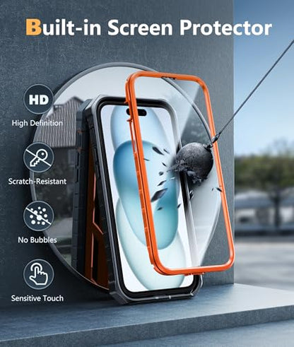 FNTCASE for iPhone 15 Plus Case, Built-in Screen Protector, Kickstand | Military-Grade Drop Protection, Anti-Slip Matte Textured, Rugged Heavy Duty Shockproof TPU Protective Cover - color: Orange