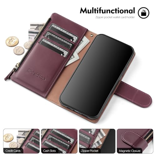 Shieldtop Compatible with Motorola Moto G Power 5G 2025 Wallet Case with Card Holder,Women Men RFID Blocking PU Leather Flip Phone Case Protective Cover Wrist Strap Zipper Credit Card Slots,Wine Red - color: Wine Red, size: Moto G Power 5G 2025 - 6.8"