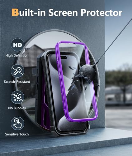 FNTCASE for iPhone 15 Pro Case, Built-in Screen Protector, Kickstand Purple | Military-Grade Drop Protection, Anti-Slip Matte Textured, Rugged Heavy Duty Shockproof TPU Protective Cover - color: Purple