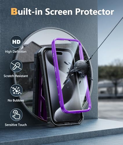 FNTCASE for iPhone 15 Pro Case, Built-in Screen Protector, Kickstand Purple | Military-Grade Drop Protection, Anti-Slip Matte Textured, Rugged Heavy Duty Shockproof TPU Protective Cover - color: Purple