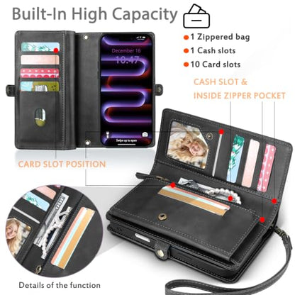 for Wallet Case Compatible with iPhone 16,Multi-Function Detachable 2 in 1 Magnetic iPhone 16 Case Wallet,Flip Strap Zipper Card Holder Phone Case with Shoulder Straps(Darkgray) - color: DarkGray, size: iPhone 16