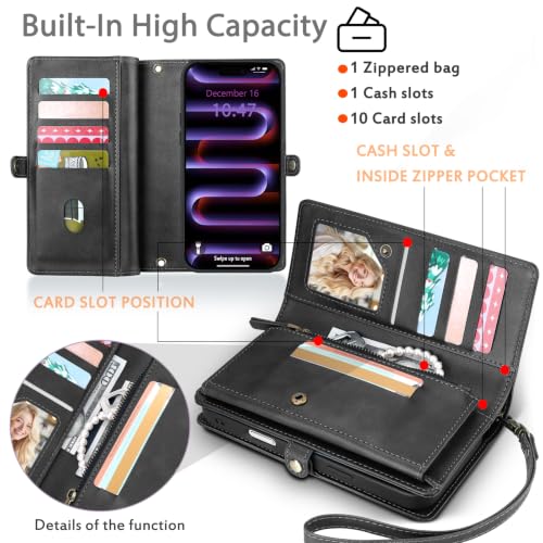 for Wallet Case Compatible with iPhone 16 Pro Max,Multi-Function Detachable 2 in 1 Magnetic iPhone 16ProMax Case Wallet,Flip Strap Zipper Card Holder Phone Case with Shoulder Strap(Darkgray) - color: DarkGray, size: iPhone 16 pro max