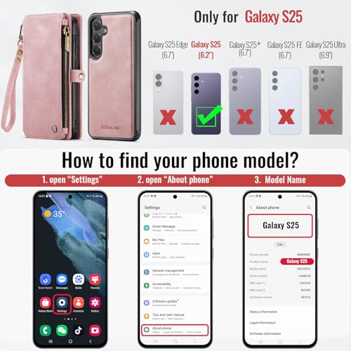 Defencase for Galaxy S25 Case Wallet Compatible with Magsafe 6.2", Rosepink | Magnetic Detachable, with RFID Bolcking Card Holder, Zipper Strap, PU Leather Drop-Proof Phone Cover for Samsung Galaxy S25 - color: (Detachable with Magsafe)-Pink