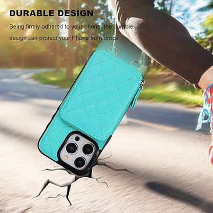 Bocasal Crossbody Wallet Case Card Holder for iPhone 15 Pro, Mint Green | RFID Blocking PU Leather Zipper Handbag Purse, Kickstand Flip Folio Case with Card Slots Holder Wrist Strap Lanyard 6.1 Inch - color: Green