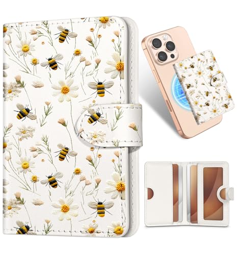 Shorogyt for Magnetic Phone Wallet Compatible with Magsafe for Women - Cute Luxury Slim Leather Card Holder Mag Wallets Fit 4 Cards,for iPhone 1716/15/14/13/12 Series for Apple RFID Magnet, Bee