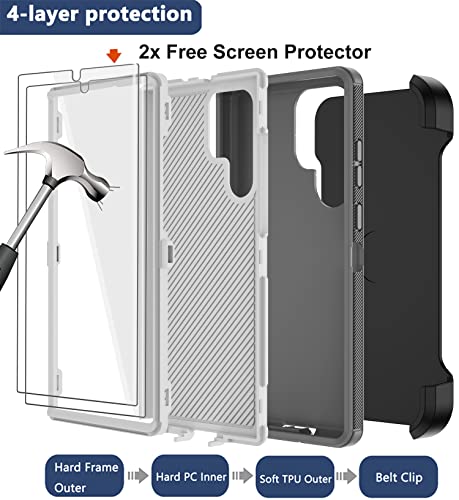 for Samsung Galaxy S22 Ultra Case with Belt Clip Holster, 2X Screen Protector, Military Grade Protection Heavy Duty Full Body Shockproof Rugged Protective Cover for Samsung S22 Ultra 5G - color: Gray II