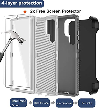 for Samsung Galaxy S22 Ultra Case with Belt Clip Holster, 2X Screen Protector, Military Grade Protection Heavy Duty Full Body Shockproof Rugged Protective Cover for Samsung S22 Ultra 5G - color: Gray II