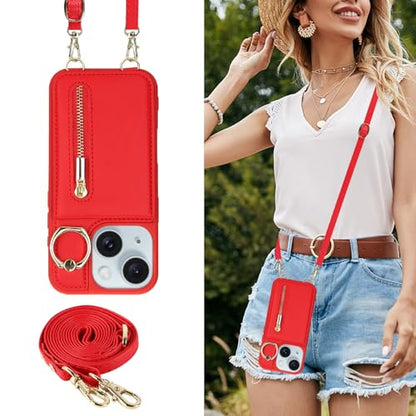 Crossbody Wallet Case for iPhone 11, with Card Slots Zipper Pocket Case, Flip Folio Purse RFID Blocking with Ring Kickstand Detachable Strap-Red - color: Red, size: iPhone 11(6.1")