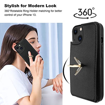 Folosu Compatible with iPhone 13 Case Wallet with Card Holder, 360°Rotation Finger Ring Holder Kickstand Protective RFID Blocking PU Leather Double Buttons Flip Shockproof Cover 6.1 Inch Black - color: Black