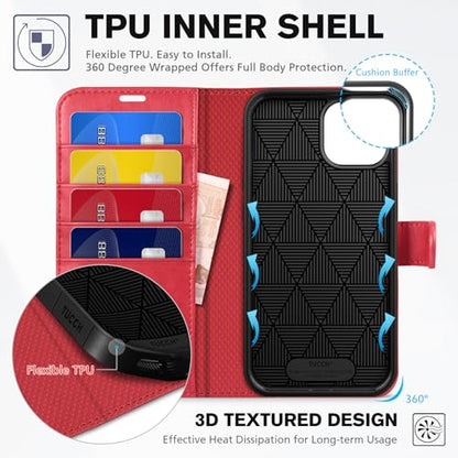 TUCCH Wallet Case for iPhone 14 (6.1") 2022, 4 Card Holders, Red | RFID Blocking, Viewing Stand, Shockproof TPU Shell, PU Leather, Magnetic Closure, Protective Folio Flip Cover - color: Red