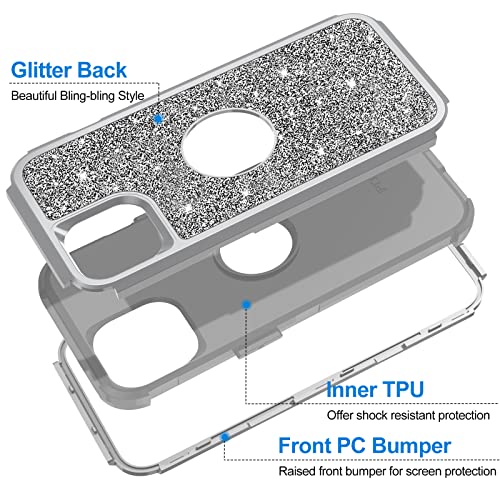 Hython Case for iPhone 13 Case Glitter, Cute Sparkly Shiny Bling Sparkle Cover, Heavy Duty 3 in 1 Hybrid Hard PC Soft TPU Bumper Full Body Shockproof Protective Phone Cases for Women Girls, Gray - color: Gray