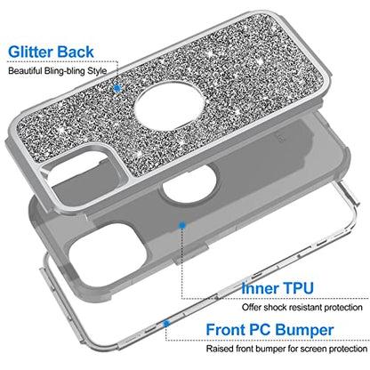 Hython Case for iPhone 13 Case Glitter, Cute Sparkly Shiny Bling Sparkle Cover, Heavy Duty 3 in 1 Hybrid Hard PC Soft TPU Bumper Full Body Shockproof Protective Phone Cases for Women Girls, Gray - color: Gray