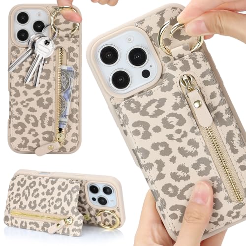 Ｈａｖａｙａ for iPhone 16 case Wallet with Card Holder for Women Men Shockproof Phone case with Keychain Ring Stand Leather Zipper Credit Card Slots-Off White Leopard Print - color: Off White leopard print-Ring
