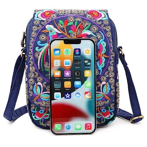 SILKAREA Embroidered Cute Mini Crossbody Bag for Women Small Handbags Wristlet Wallet Bag Cell-phone Pouch Coin Purse - color: S2 Blue Medium