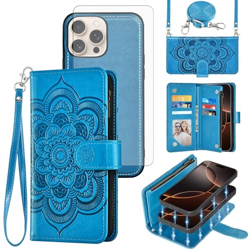 Asuwish Phone Case for iPhone 16 Pro 6.3 inch Zipper Wallet Magnetic Detachable Cell Cover with Tempered Glass Screen Protector Crossbody Strap Flower Card Holder i Phone16 i16 16Pro Women Girls Blue - color: Blue