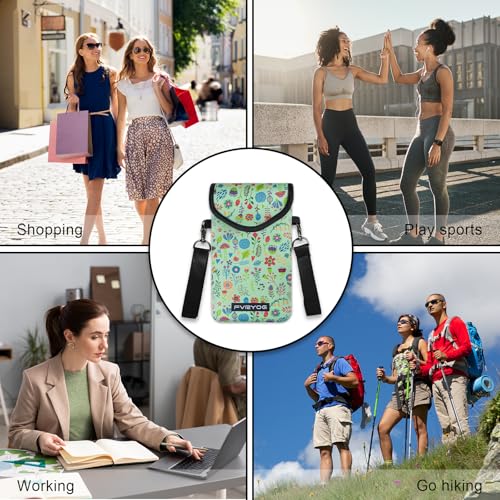 Neoprene Phone Sleeve Pouch Case Bag for Men Women w/Crossbody Strap/Neck Lanyard for iPhone 17/16/15/14 Pro Max, Samsung S25，Pixel 10 - color: Green Flower Cell Phone Sleeves