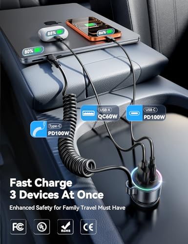 FLYLEAD 200W Car Charger USB C Fast Charge, [GaN] PD100W Fast Car Charger