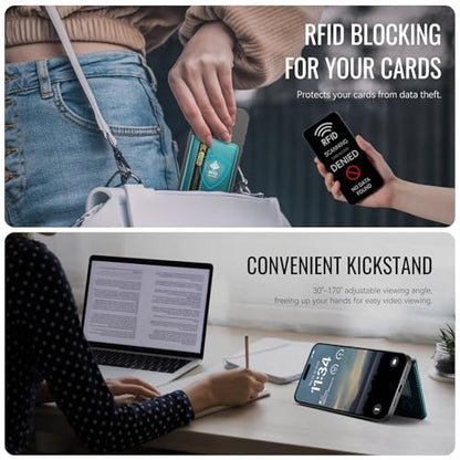 Strapurs Magnetic Card Holder Compatible with MagSafe Phones and Cases, PU Leather Phone Wallet for iPhone 17/16/15/14/13/12/Pro/Max/Plus/Air, 4 Card Slots RFID Blocking with Zipper Pocket,Bluegreen - color: Blue Green